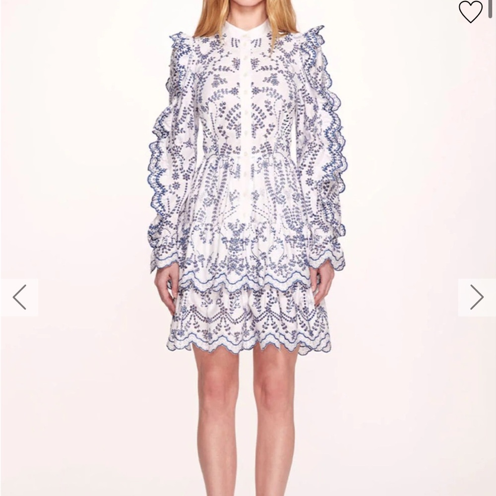 Marchesa Blue and White Ruffled Tiered Dress